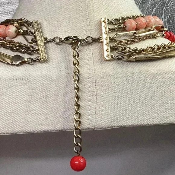 Glass Stone Acrylic Statement Multi Strand Necklace Orange Red and Gold - Picture 2 of 2